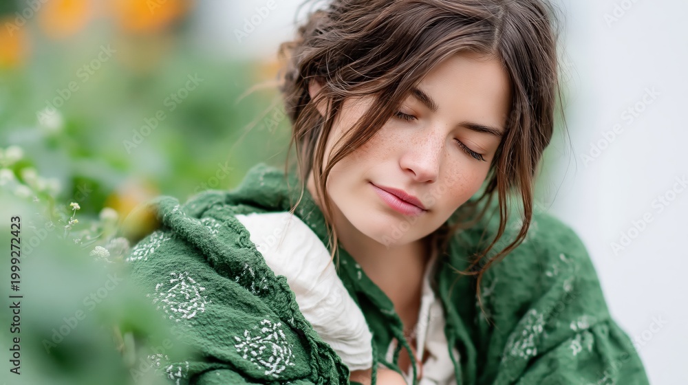 Fototapeta premium A serene portrait of a young woman with her eyes closed, wrapped in a green shawl, reflecting peace and tranquility amidst vibrant lush greenery.