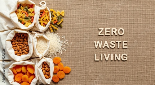 Bulk food stored in reusable cloth bags for zero waste