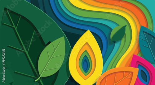 A colorful abstract illustration of leaves and rainbow waves