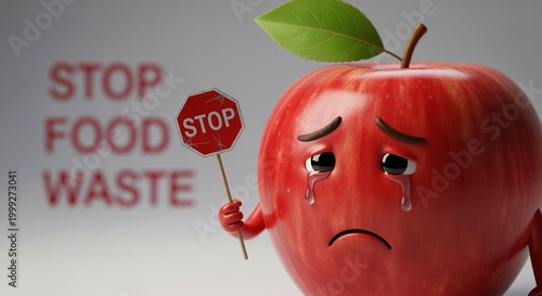 Crying red apple character holding stop sign for food waste