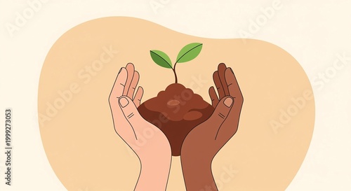 Diverse hands holding soil with small green plant sprout