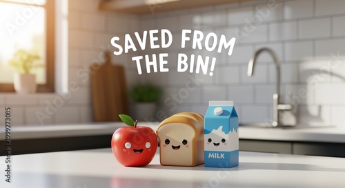 Cute anthropomorphic apple bread and milk carton on kitchen counter