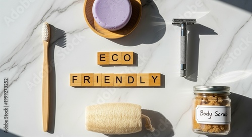 Eco friendly personal care products on white marble surface