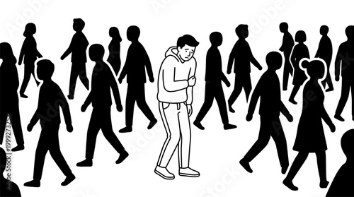 Lonely Insecure Man Walking in a Crowd Illustration