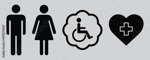 Inclusive healthcare symbols representing male female accessibility and cardiac care in black silhouette