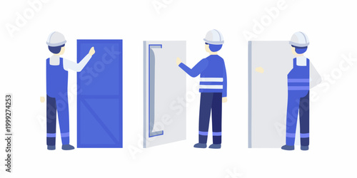 Construction workers with safety vests and helmets flat vector illustration