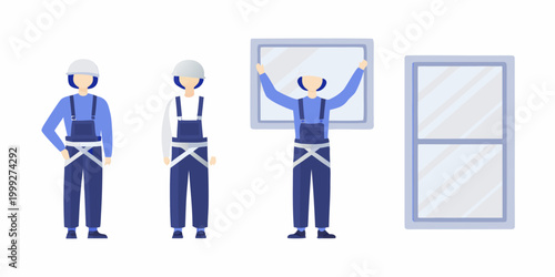 Construction workers installing window flat vector illustration