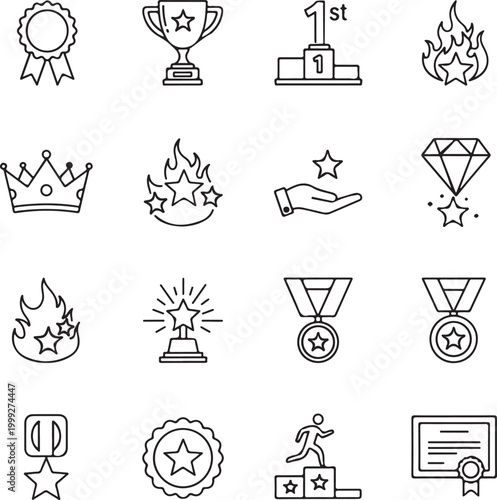 Black and white line icons of various awards and achievements symbols