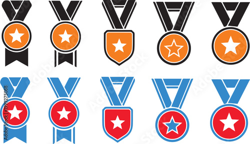 Collection of colorful award medals and ribbons vector illustration