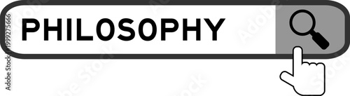 Search banner in word philosophy with hand over magnifier icon on white background