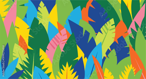 A colorful arrangement of stylized tropical leaves