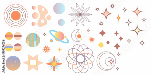 Celestial pattern with planets stars and atomic shapes mid century style