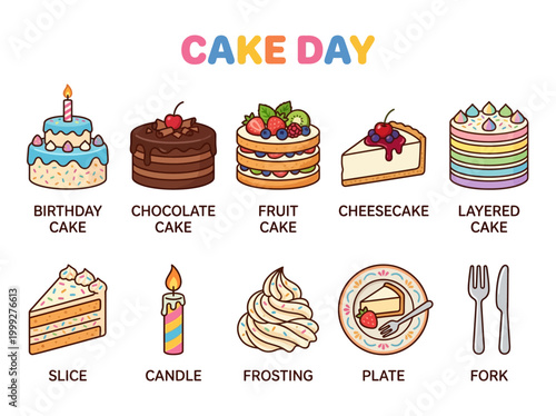 A delightful collection of sweet treats including birthday cake, chocolate cake, fruit cake, cheesecake, layered cake, slice, candle, frosting, plate, and fork