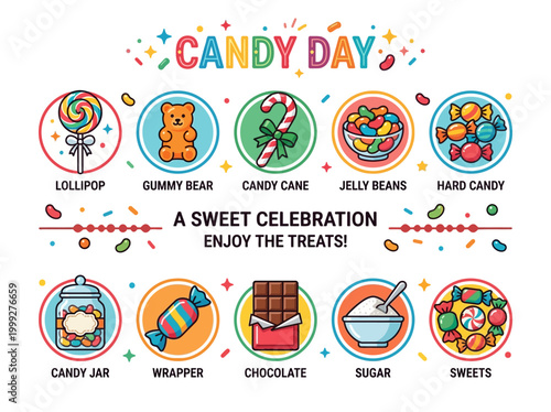 Candy Day Celebration of Sweets and Treats with Various Candies, Lollipops, and Chocolates
