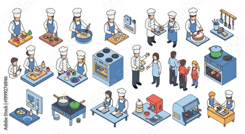 Isometric Chefs Cooking and Baking Food in Kitchen, Culinary School