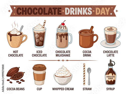 A collection of delicious chocolate beverages and ingredients, celebrating chocolate drinks day with various flavors and styles