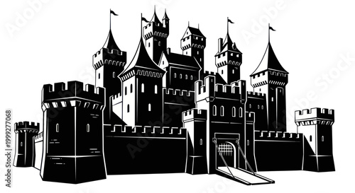 Black and White Medieval Castle Illustration with Towers and Flags