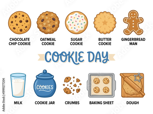 Happy Cookie Day! A Delicious Assortment of Cookies, Cookie Jar, Baking Sheet, and Ingredients for a Sweet Celebration