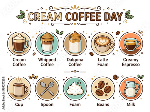 Cream Coffee Day illustration featuring various coffee drinks and ingredients like beans, milk, and foam