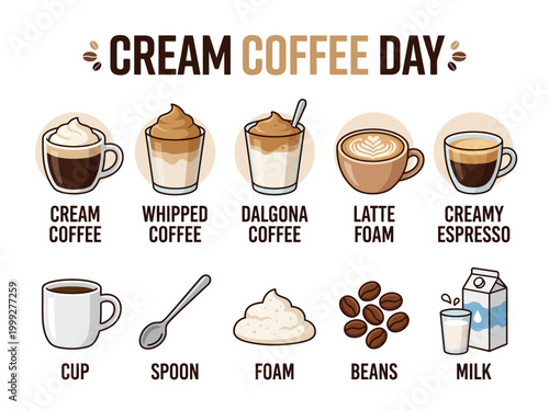 Cream Coffee Day Celebration with Various Coffee Drinks and Ingredients Illustration