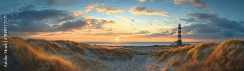 Solitary striped lighthouse beside windswept sand dunes and tall beach grass at golden sunset over calm sea with dramatic clouds and tranquil mood