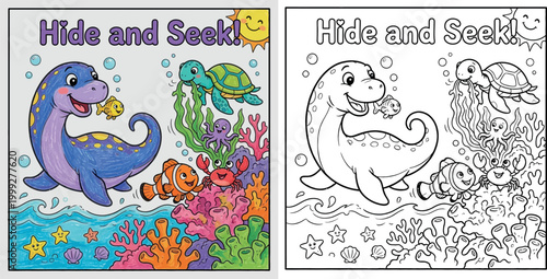Cute Sea Creatures and Dinosaur Hide and Seek Coloring Page