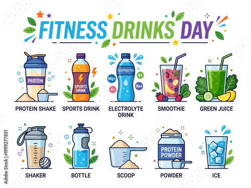 Fitness Drinks Day illustrations featuring a variety of healthy beverages and supplements for a nutritious lifestyle