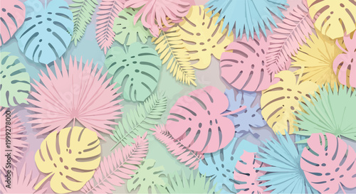A colorful arrangement of tropical leaves in pastel hues
