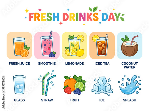 Happy Fresh Drinks Day celebration with colorful illustrations of juices, smoothies, lemonade, iced tea, and coconut water on a white background