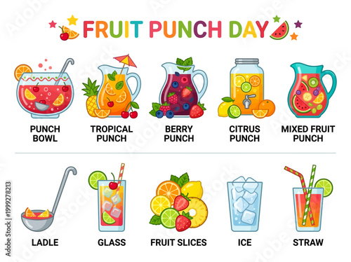 Tableau sur toile A vibrant collection of refreshing fruit punch and drink illustrations, perfect
