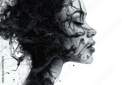 Serene profile of a woman's face in black and white with closed eyes, dark ink and smoke swirling through hair and across skin, abstract splatters and flowing textures