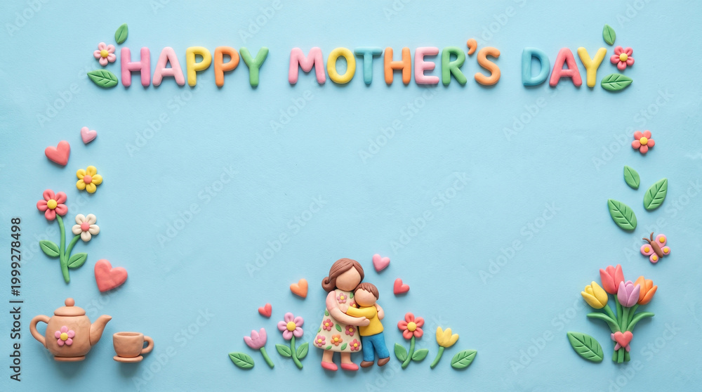 Fototapeta premium Flat lay claymation of Mother's Day with pastel Background