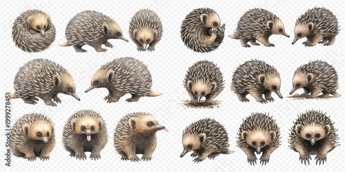 Collection of various echidna poses and expressions on a white background.