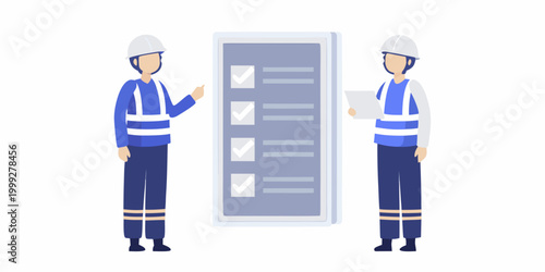 Construction workers reviewing checklist on tablet flat vector illustration