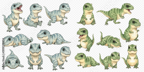 Set of adorable baby dinosaur illustrations in various poses, perfect for children's designs and playful themes.