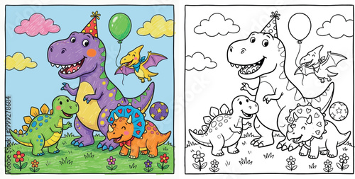 Cute Dinosaur Birthday Party Celebration Coloring Page