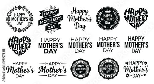 Diverse collection of beautiful Happy Mother's Day typographic designs, perfect for heartfelt greeting cards, celebratory banners, and expressing appreciation