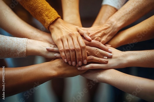 Close-up of diverse hands and forearms stacked together in a circle, conveying unity, support, teamwork and solidarity