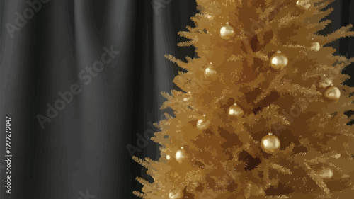 A golden christmas tree with ornaments stands against a dark draped background
