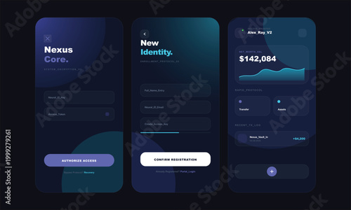 Mobile app screens, dark mode UI, finance dashboard, Nexus login, digital banking interface