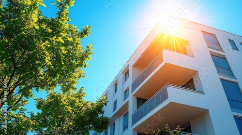 sunlit modern white apartment building with angular balconies beside a leafy green tree under a clear blue sky, bright warm and inviting atmosphere