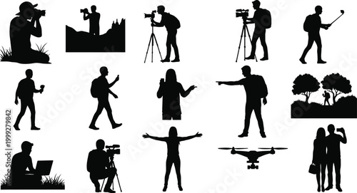 Silhouette people working with film and photography equipment isolated on white background, Vector