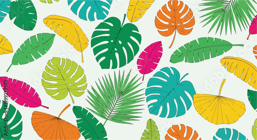A colorful arrangement of tropical leaves on a white background