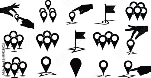 Black and white location pins and hand icons set isolated on white background, Vector