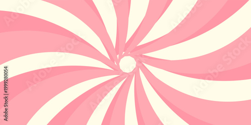 Twisted rays of rosy sunrise or sunset. Vortex pinwheel pattern. Pink circus or carnival background. Strawberry bubble gum, sweet lollipop candy, ice cream texture. Vector cartoon illustration