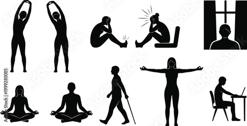 Black and white yoga and stress relief poses vector icons isolated on white background, Vector