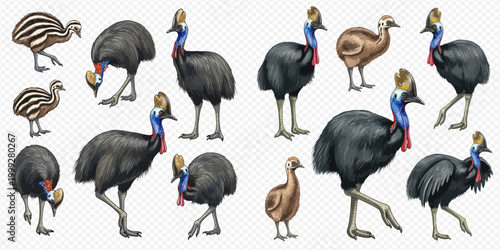 Collection of Cassowary Birds in Various Poses and Stages of Life, Isolated on White Background.