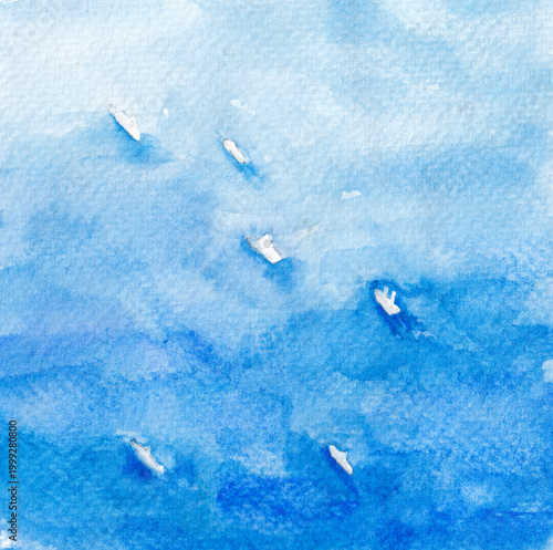 top view small ships on the blue sea watercolor illustration
