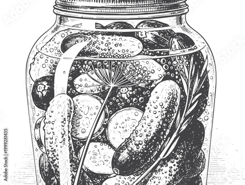 Black and white ink of a glass jar of pickles