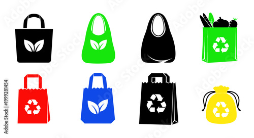 Eco-friendly shopping bags: reusable, recyclable, sustainable, zero waste icons